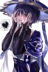  1boy armor black_bodysuit black_bow black_bridal_gauntlets black_hair blue_cape blue_kimono blue_sleeves blunt_ends bodysuit bow bridal_gauntlets cape choppy_bangs commentary_request covered_collarbone eyeliner feathers fingernails furisode genshin_impact gold gold_ring hands_on_own_face hat heart highres japanese_armor japanese_clothes jingasa juban kimono kote kurokote layered_sleeves makeup male_focus middle_ring open_clothes open_hands open_kimono pom_pom_(clothes) purple_hat purple_shorts red_eyeliner scaramouche_(genshin_impact) short_sleeves shorts shoulder_peek solo spoken_heart spoken_squiggle squiggle teeth tsurime upper_teeth_only violet_eyes wanderer_(genshin_impact) white_background white_kimono white_sleeves white_trim yellow_feathers yu_(geda4335) 