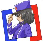  1girl adjusting_clothes adjusting_headwear andou_(girls_und_panzer) artist_name bc_freedom_(emblem) bc_freedom_military_uniform black_eyes black_hair blue_headwear blue_jacket blue_vest closed_mouth dark-skinned_female dark_skin degtyarev dress_shirt emblem french_flag frown girls_und_panzer hat jacket kepi long_sleeves looking_to_the_side medium_hair messy_hair military military_hat military_uniform shirt signature solo uniform upper_body vest white_shirt 