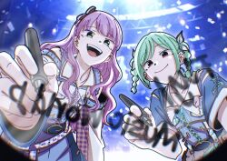  2girls absurdres aqua_eyes aqua_hair blue_shirt braid brown_ribbon chromatic_aberration closed_mouth collarbone commentary_request drawing_on_fourth_wall hair_ribbon highres holding holding_marker leaning_forward liella!_7th_lovelive!_~fly!_music_world~ long_hair looking_at_viewer love_live! love_live!_superstar!! marker medium_hair multiple_girls onitsuka_tomari open_the_gate!!!_(love_live!) parted_bangs pink_eyes purple_hair ri_(sg_x00) ribbon shirt short_sleeves smile twin_braids wavy_hair wien_margarete writing 
