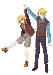  1boy 1girl black_coat blonde_hair coat collared_shirt dancing don_quixote_(project_moon) drownin124 highres jacket limbus_company necktie open_mouth pants project_moon red_necktie shirt short_hair sinclair_(project_moon) smile white_shirt yellow_eyes 