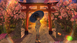  1girl absurdres black_hair blue_eyes blue_kimono blue_umbrella cherry_blossoms closed_mouth colored_inner_hair commentary_request evening expressionless falling_petals full_body grass hair_between_eyes highres holding holding_umbrella inika japanese_clothes kimono lantern lens_flare long_bangs long_sleeves miyamai_moca multicolored_hair obi oil-paper_umbrella okobo outdoors path petals platform_sandals print_kimono sandals sash scenery short_hair solo statue synthesizer_v tabi torii translation_request tree umbrella variant_set 