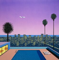  aircraft airplane building chair city city_lights cityscape commentary_request highres hiroshi_nagai horizon lounge_chair no_humans ocean original outdoors palm_tree pool pool_ladder purple_sky sky skyscraper sunset tree water 