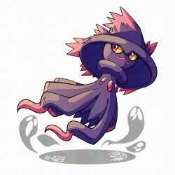  colored_sclera looking_to_the_side mismagius mistray-art no_humans numbered pokemon pokemon_(creature) red_eyes signature simple_background solo white_background yellow_sclera 