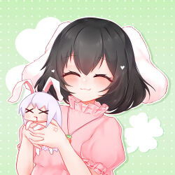  2girls :3 anger_vein animal_ears artist_request black_hair blood blood_from_mouth blush carrot_necklace chibi closed_eyes closed_mouth commentary_request dotted_background dress facing_viewer frilled_sleeves frills green_background hands_up heart highres holding_chibi inaba_tewi jewelry long_hair multiple_girls necklace outline pink_dress puffy_short_sleeves puffy_sleeves purple_hair rabbit_ears reisen_udongein_inaba short_hair short_sleeves touhou upper_body white_outline x_x 