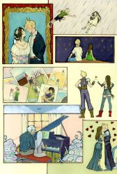  absurdres aged_down aged_up black_skirt black_thighhighs blonde_hair boots brown_hair child cloud_strife couple crop_top dress elbow_gloves elbow_pads english_commentary family final_fantasy final_fantasy_vii final_fantasy_vii:_advent_children final_fantasy_vii_rebirth final_fantasy_vii_remake gloves grey_hair heart highres hugo_artist instrument kiss long_hair low-tied_long_hair midriff multiple_views photo_(object) piano single_elbow_pad sitting skirt spiky_hair standing suspender_skirt suspenders tank_top thigh-highs tifa_lockhart wedding_dress wedding_photo white_tank_top zettai_ryouiki 