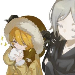  2girls animal_pin blonde_hair blue_eyes brown_scarf commentary_request don_quixote_(project_moon) faust_(project_moon) fur_hood heishou_pack-mao_branch_(identity)_(project_moon) heishou_pack-wei_branch_(identity)_(project_moon) highres hongyuan_(identity)_(project_moon) horns limbus_company multiple_girls project_moon rabbit_pin scarf sheep_girl sheep_horns short_hair white_background white_hair wool yellow_eyes 