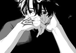  1boy 877au_lait arm_behind_head black_background black_hair command_spell covered_mouth fate/grand_order fate_(series) fujimaru_ritsuka_(male) highres looking_down shirt short_hair short_sleeves signature simple_background solo sweat tearing_up upper_body 