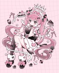  1girl animal_ear_fluff animal_ears asymmetrical_legwear back_bow black_bow black_shirt black_shoes bow brown_eyes cat_ears cat_girl cat_tail checkerboard_cookie closed_mouth commentary cookie crossed_bangs double-parted_bangs food footwear_bow full_body glove_bow gloves grid_background hair_between_eyes hair_bow hair_ornament halo hands_up highres long_hair looking_at_viewer mafuyu_(re_eva) mismatched_legwear original pink_background pink_bow pink_hair shirt shoes short_sleeves single_sock single_thighhigh skirt sleeve_bow smile socks solo tail thigh-highs twintails uneven_legwear white_gloves white_halo white_skirt x_hair_ornament 