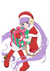  1girl artist_request boots capelet christmas closed_mouth dress flower full_body fur-trimmed_boots fur-trimmed_capelet fur-trimmed_dress fur-trimmed_headwear fur_trim game_cg gift hair_flower hair_ornament hat holding holding_gift long_hair looking_at_viewer mittens official_alternate_costume official_art on_floor pantyhose pink_lips purple_hair red_boots red_capelet red_dress red_mittens santa_costume santa_hat sitting smile solo sophie_(christmas)_(tales) sophie_(tales) tales_of_(series) tales_of_asteria tales_of_graces third-party_source transparent_background twintails very_long_hair violet_eyes white_flower white_pantyhose 