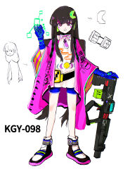  1girl absurdres alternate_costume blue_gloves blue_shorts brown_hair chinese_commentary clothes_writing coat commentary_request english_commentary full_body gloves gun hair_ornament highres holding holding_gun holding_weapon houraisan_kaguya long_hair long_sleeves looking_at_viewer marathon mixed-language_commentary necktie open_clothes open_coat pink_coat pink_necktie red_eyes science_fiction shirt shoes shorts solo stunionjy touhou translation_request very_long_hair weapon weapon_request white_shirt white_shoes 