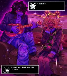  +++ 2girls absurdres animal_ears antlers black_coat black_eyes black_skirt blonde_hair blue_pants blush_stickers brown_hair buck_teeth closed_eyes closed_mouth coat collarbone collared_shirt colored_sclera commentary couch deer_ears deer_tail deltarune denim dialogue_box english_commentary english_text freckles furry furry_female guitar highres holding holding_guitar holding_instrument horns instrument jeans long_hair long_sleeves looking_at_another mihych multiple_girls noelle_holiday open_clothes open_coat open_mouth pants pleated_skirt reindeer_antlers reindeer_girl scene_reference shirt single_blush_sticker sitting skirt susie_(deltarune) sweat sweater_vest tail teeth torn_clothes torn_jeans torn_pants utdr_(toby_fox) yellow_sclera 