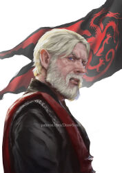  1boy a_knight_of_the_seven_kingdoms a_song_of_ice_and_fire beard clenched_teeth commentary connected_beard draw_souls english_commentary facial_hair from_side looking_at_viewer maekar_targaryen male_focus mature_male parted_lips patreon_username shirt short_hair sideways_glance solo teeth violet_eyes web_address white_background white_hair 