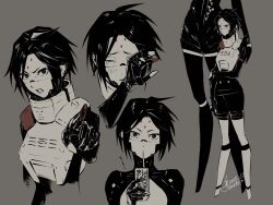  2girls android black_eyes black_hair closed_eyes cropped_torso dated drink_carton drinking drinking_straw facial_mark falke_(signalis) forehead_mark fune_(nkjrs12) grey_background hand_on_own_face height_difference highres holding holding_drink_carton kolibri_(signalis) limited_palette looking_at_viewer metal_skin multiple_girls multiple_views one_eye_covered open_mouth pointing pointing_at_viewer red_pupils rubbing_eyes short_hair signalis signature simple_background skin_seams standing tearing_up tears upper_body 