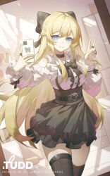  1girl absurdres alternate_costume azur_lane black_bow black_bowtie black_choker black_skirt black_thighhighs blonde_hair blue_eyes bow bowtie braid cellphone choker clothing_cutout commentary_request dodder7777 frilled_shirt frills glorious_(azur_lane) hair_bow high-waist_skirt highres holding holding_phone long_hair long_sleeves phone shirt shoulder_cutout skirt smile solo thigh-highs v white_shirt 