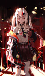  1girl absurdres bare_shoulders black_choker choker cokei collared_shirt commentary hair_between_horns highres hololive horn_ornament horns legband long_hair long_sleeves looking_to_the_side multicolored_hair nakiri_ayame nakiri_ayame_(streetwear) necktie official_alternate_costume official_alternate_hairstyle oni red_eyes red_hair red_streaks shirt skin-covered_horns skirt sleeveless sleeveless_shirt solo streaked_hair twintails virtual_youtuber white_hair 