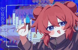  1girl ahoge alternate_costume blue_archive blue_eyes blush commentary_request detached_ahoge double_bun fang film_grain glitch hair_between_eyes hair_bun holding long_sleeves looking_at_viewer maki_(blue_archive) marker open_mouth pusen_(puuu_sen555) red_hair skin_fang solo upper_body window_(computing) zipper_pull_tab 