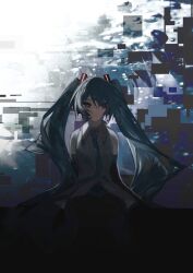  1girl absurdres aqua_hair aqua_necktie black_thighhighs blue_eyes commentary_request detached_sleeves expressionless glitch gradient_background grey_shirt hatsune_miku highres long_hair looking_at_viewer necktie shirt sitting sleeveless sleeveless_shirt solo thigh-highs twintails usagi_(wtmh) vocaloid 