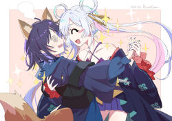  2girls @_@ animal_ear_fluff animal_ears artist_name bare_shoulders blue_eyes blue_hoodie blue_nails cho_kaguya-hime! closed_mouth colored_inner_hair commentary_request eye_contact fox_ears fox_girl fox_tail hair_ornament hair_rings hair_stick hand_on_another's_back holding_hands hood hoodie long_hair looking_at_another mao_xiaozha_(rumiechen) multicolored_hair multiple_girls open_mouth pink_hair purple_hair purple_hoodie purple_nails runami_yachiyo sakayori_iroha short_hair smile sparkle tail twintails white_hair yuri 