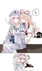  2girls blonde_hair blue_hat blue_kimono blue_ribbon blush bow closed_eyes closed_mouth commentary corrupted_twitter_file dango food frilled_kimono frills gap_(touhou) hair_bow hat hat_ribbon heart highres holding holding_skewer japanese_clothes kckhsrrr kimono kiss kissing_cheek long_hair long_sleeves mob_cap multiple_girls neck_ribbon notice_lines open_mouth pink_eyes pink_hair purple_tabard red_bow ribbon saigyouji_yuyuko sanshoku_dango sitting skewer sleeve_garter speech_bubble spoken_food tabard touhou triangular_headpiece wagashi wide_sleeves yakumo_yukari yuri 