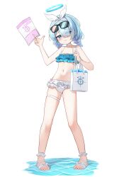  1girl absurdres arona_(blue_archive) bag blue_archive blue_hair bra braid breasts commentary_request frilled_bra frilled_skirt frills glasses halo highres holding official_alternate_costume panties simple_background skirt small_breasts smug swimsuit thigh_strap tisofofo tote_bag twin_braids underwear white_background white_panties 