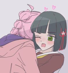  2girls ahoge anyoji_hime black_hair blunt_bangs blunt_ends blush bob_cut brown_dress dress grey_background hasu_no_sora_school_uniform heart highres hood hooded_jacket jacket link!_like!_love_live! long_hair love_live! mihasu_ll momose_ginko multi-tied_hair multiple_girls neckerchief one_eye_closed open_mouth pink_hair pink_jacket ponytail sailor_collar sailor_dress school_uniform short_hair simple_background upper_body virtual_youtuber white_sailor_collar winter_uniform yellow_neckerchief yuri 