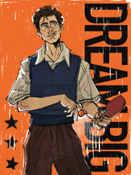  1boy ball between_fingers black_hair blue_vest brown_pants english_text facial_hair glasses highres holding holding_ball holding_table_tennis_paddle jamisonrivv male_focus marty_mauser marty_supreme mustache orange_background paddle pants shirt short_hair solo star_(symbol) table_tennis_ball table_tennis_paddle upper_body vest white_shirt 