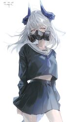  1girl alternate_costume arknights blue_neckerchief blue_serafuku blue_shirt blue_skirt cowboy_shot dated dragon_girl dragon_horns dragon_tail grey_hair hashtag-only_commentary highres horns liskarm_(arknights) long_hair looking_at_viewer mask midriff_peek neckerchief pleated_skirt pppmepl red_eyes respirator sailor_collar school_uniform serafuku shirt signature simple_background skirt solo tail white_background white_sailor_collar 