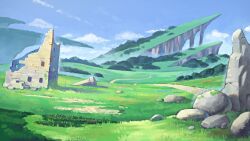  blue_sky commentary day grass no_humans original otomica outdoors path rock ruins scenery sky 