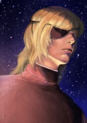  1boy absurdres badeni black_tabard blonde_hair chi.:_chikyuu_no_undou_ni_tsuite commentary_request eyepatch from_below highres k05062688 lips male_focus medium_hair nose scar scar_on_face scar_on_lip scar_on_mouth scar_on_nose sky solo star_(sky) starry_sky tabard tonsure 