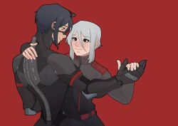  2girls absurdres android ariane_yeong black_hair commission cowboy_shot elster_(signalis) eye_contact grey_jacket hand_on_another's_shoulder highres holding_hands jacket looking_at_another metal_skin multiple_girls non-web_source omnlet red_background short_hair signalis simple_background skin_seams smile white_hair yuri 