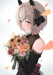  1girl absurdres animal_ears bare_shoulders black_dress black_gloves blush bouquet bow breasts closed_mouth commentary_request curren_chan_(sakutsuki_ma_cherie)_(umamusume) curren_chan_(umamusume) dress ear_covers elbow_gloves flower gloves grey_hair guree_(haiiro) highres holding holding_bouquet horse_ears horse_girl official_alternate_costume see-through_cleavage see-through_clothes short_hair sleeveless sleeveless_dress solo umamusume upper_body violet_eyes wedding_dress 