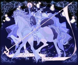  1boy armor armored_boots boots cape creature extra_legs fake_horns final_fantasy final_fantasy_vii flag full_armor full_body hand_up helmet highres holding holding_flag holding_instrument holding_trumpet horned_helmet horns horseback_riding instrument jaysoysaucee male_focus moogle odin_(final_fantasy) playing_trumpet riding sleipnir_(final_fantasy) trumpet 