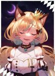  1girl absurdres animal_ear_fluff animal_ears black_bow blonde_hair bow cat_ears closed_eyes commentary crescent_moon crown detached_collar detached_sleeves english_commentary hair_bow hair_ornament hairclip highres long_hair low_twintails millie_parfait mini_crown moon multiple_hair_bows nashiina nijisanji nijisanji_en open_mouth solo twintails virtual_youtuber 
