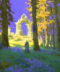  1boy absurdres arch artist_name blue_cloak cloak commentary english_commentary field flower forest grass highres hood hooded_cloak landscape nature original outdoors painterly purple_flower purple_sky raja_nandepu ruins scenery sky sunlight tree 