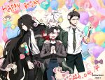  4boys :d ahoge balloon black_hair black_pants character_doll character_request closed_mouth dal_ggyung danganronpa_(series) danganronpa_2:_goodbye_despair earrings facing_viewer finger_heart green_jacket hair_between_eyes hands_on_another&#039;s_shoulders happy_birthday heart highres hinata_hajime hood hood_down jacket jewelry kamukura_izuru komaeda_nagito long_hair looking_at_another male_focus multiple_boys open_clothes open_jacket own_hands_clasped own_hands_together pants ponytail profile shirt_tucked_in short_hair smile sticker teeth unicorn upper_teeth_only white_hair 