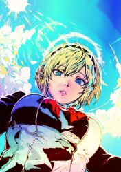  1girl absurdres aigis_(persona) android blonde_hair blue_eyes blue_sky bow clouds gekkoukan_high_school_uniform gold_hairband hairband highres lap_pillow looking_at_viewer looking_down oeilvert_fft persona persona_3 pursed_lips red_bow robot_girl s.e.e.s school_uniform sky solo sun sunlight 