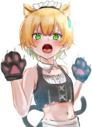  1girl alternate_costume animal_ear_fluff animal_ears animal_hands apron black_shirt blonde_hair blush cat_ears cat_tail commentary_request detached_collar enmaided eyelashes fake_animal_ears fake_claws fake_tail gloves green_eyes hair_between_eyes halloween_costume hands_up heaven_burns_red highres lips looking_at_viewer maid maid_headdress maruyama_kanata midriff navel noir_(nowaru) open_mouth paw_gloves shirt short_hair simple_background sleeveless sleeveless_shirt solo tail teeth tongue upper_body upper_teeth_only waist_apron white_background 