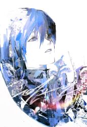  1boy blue_hair collared_shirt cropped_torso gou_tou21081 hashtag-only_commentary headphones highres male_focus parted_bangs parted_lips persona persona_3 shirt short_hair solo white_background yuuki_makoto_(persona_3) 