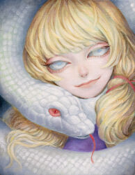  1girl animal blonde_hair blunt_bangs closed_mouth commentary_request forked_tongue hair_ribbon highres johnalay looking_at_viewer mishaguji missing_headwear moriya_suwako oil_painting_(medium) painting_(medium) portrait purple_vest red_eyes red_ribbon ribbon signature slit_pupils smile snake tongue touhou traditional_media vest white_eyes 