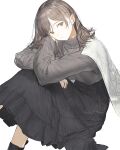  1girl absurdres aspara black_dress brown_eyes brown_hair cape closed_mouth dress expressionless grey_sweater head_rest head_tilt highres long_hair long_sleeves looking_at_viewer original sitting solo sweater turtleneck turtleneck_sweater white_background white_cape 