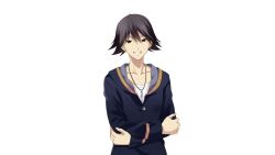  1boy black_hair blue_hoodie brown_eyes buttons casual chaos;child collarbone crossed_arms game_cg grin highres hood hoodie itou_shinji_(chaos;child) jewelry large_variant_set long_sleeves looking_at_viewer male_focus matsuo_yukihiro narrowed_eyes necklace non-web_source official_art science_adventure shirt short_hair smile solo swept_bangs tachi-e transparent_background upper_body variant_set white_shirt 