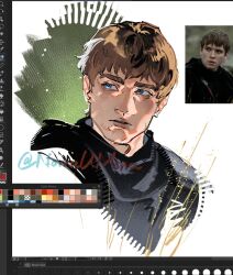  1boy a_knight_of_the_seven_kingdoms a_song_of_ice_and_fire art_program_in_frame art_study black_cloak blue_eyes brown_hair cloak color_guide looking_to_the_side male_focus nomaumona parted_lips reference_inset screenshot_inset short_hair solo twitter_username upper_body valarr_targaryen white_background 