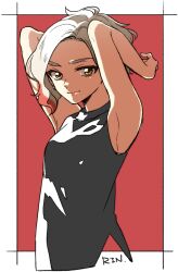  1girl aged_up aikatsu! aikatsu!_(series) alternate_hair_length alternate_hairstyle armpits arms_behind_head arms_up black_shirt border character_name closed_mouth commentary_request kumo_suzume kurosawa_rin looking_at_viewer red_background shirt short_hair sidelighting sleeveless sleeveless_shirt smile solo upper_body white_border 