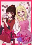  2girls :d ahoge akamatsu_kaede alternate_costume alternate_hairstyle apron arironpawa black_sailor_collar black_skirt blonde_hair blush brown_hair candy chocolate collarbone collared_shirt danganronpa_(series) danganronpa_v3:_killing_harmony food hair_ornament hair_scrunchie happy_valentine harukawa_maki high_ponytail highres holding long_hair long_sleeves miniskirt multiple_girls musical_note musical_note_hair_ornament necktie orange_necktie pink_apron pink_eyes pink_skirt pink_sweater ponytail pout red_apron red_eyes red_shirt sailor_collar scrunchie shirt skirt smile sweater teeth twintails upper_teeth_only 