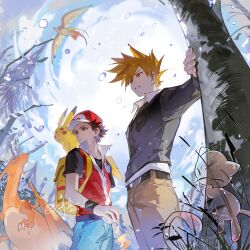  2boys absurdres backpack bag baseball_cap belt belt_buckle black_hair black_shirt blue_oak blue_pants brown_hair brown_pants buckle charizard clouds cloudy_sky commentary cowboy_shot denim feet_out_of_frame fei_yu hat highres holding holding_poke_ball invisible jeans long_sleeves looking_to_the_side looking_up mew_(pokemon) multiple_boys outdoors pants pidgeot pikachu poke_ball poke_ball_(basic) pokemon pokemon_(creature) pokemon_frlg red_(pokemon) red_vest shirt short_hair sky spiky_hair tree twitter_username untranslatable_commentary vest white_shirt wing_collar wristband 