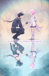  1boy 2girls absurdres adoptive_parent_and_adoptive_child aemeath_(wuthering_waves) aemeath_(young)_(wuthering_waves) black_dress black_hair black_jacket black_pants breasts commentary different_reflection dress elbow_pads english_text father_and_daughter female_rover_(wuthering_waves) highres jacket long_sleeves male_rover_(wuthering_waves) medium_breasts morted_art mother_and_daughter multiple_girls pants pink_hair reflection rover_(wuthering_waves) squatting standing taking_another's_hand white_dress wuthering_waves 