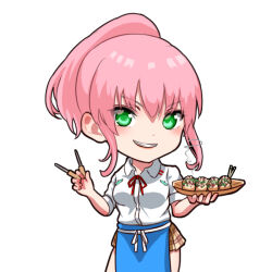  1girl adapted_costume aikawa_megumi alternate_hairstyle apron blue_apron blush brown_skirt chibi chibi_only collared_shirt commentary_request dual_wielding eyes_visible_through_hair food green_eyes grin hair_between_eyes heaven_burns_red holding holding_food holding_takoyaki_pick long_hair looking_at_viewer miniskirt noir_(nowaru) pink_hair plaid_clothes plaid_skirt pleated_skirt ponytail shirt short_sleeves sidelocks simple_background skirt smile solo takoyaki takoyaki_pick v-shaped_eyebrows waist_apron white_background white_shirt 