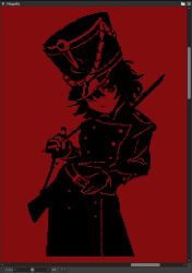  1girl art_program_in_frame belt black_hair closed_mouth commentary_request cowboy_shot gun gun_on_back hat korean_commentary limited_palette looking_at_viewer meoseumbang military_hat military_uniform original pixel_art red_background short_hair simple_background solo weapon weapon_on_back 