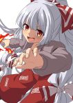  1girl bow collared_shirt feet_out_of_frame fire fujiwara_no_mokou grey_hair hair_between_eyes hair_bow juliet_sleeves long_hair long_sleeves looking_at_viewer open_mouth pants puffy_pants puffy_sleeves red_eyes red_pants shirt simple_background solo suspenders touhou umarutsufuri v-shaped_eyebrows very_long_hair white_background 