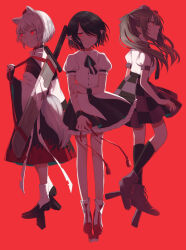  3girls :s absurdres animal_ear_fluff animal_ears backlighting black_bridal_gauntlets black_ribbon black_shoes black_skirt black_socks black_trim black_wrist_cuffs bow bridal_gauntlets brown_hair checkered_clothes checkered_skirt clenched_teeth closed_mouth detached_sleeves floating_clothes floating_hair frilled_skirt frills from_side geta glowing glowing_eyes green_ribbon hair_bow hair_over_one_eye half-closed_eyes hand_on_own_elbow hat highres himekaidou_hatate holding holding_ribbon holding_unworn_clothes holding_unworn_hat inubashiri_momiji kneehighs long_hair long_sleeves multiple_girls neck_ribbon parted_lips pleated_skirt pointy_ears puffy_short_sleeves puffy_sleeves purple_bow purple_hat purple_shoes purple_skirt purple_trim red_background red_eyes red_hat red_ribbon red_shoes red_skirt ribbon shameimaru_aya shirt shoes short_hair short_sleeves simple_background skirt smile socks swept_bangs sword sword_on_back tail teeth tengu-geta tokin_hat toraneko_2 torn_ribbon touhou twintails two-sided_ribbon two-tone_skirt unworn_hat unworn_headwear v-shaped_eyebrows weapon weapon_on_back white_ribbon white_shirt white_socks wide_sleeves wolf_ears wolf_girl wolf_tail wrapped_sword wrist_cuffs 